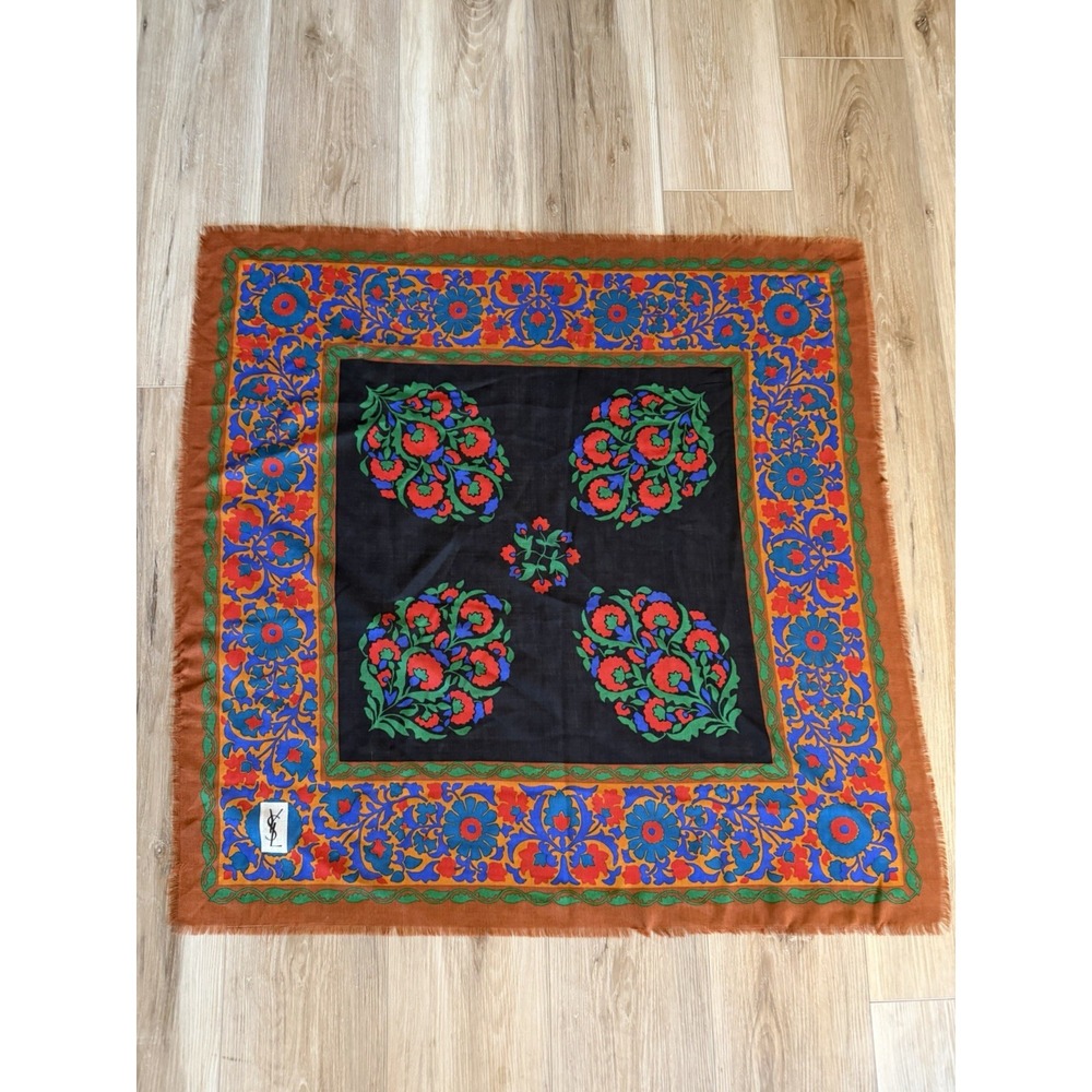 VTG Yves Saint Laurent YSL Vintage Silk Wool Scarf 34" Floral Orange Blue Green